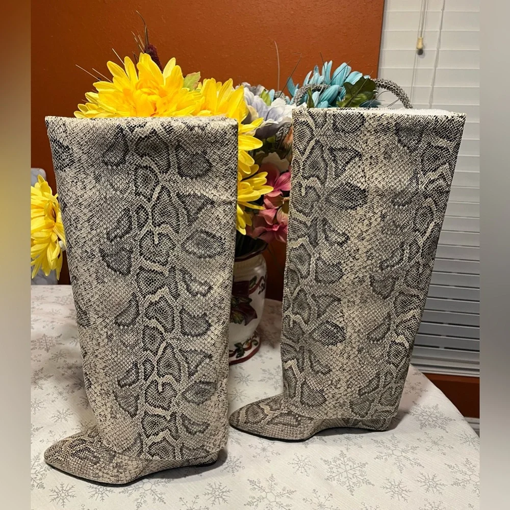 New Madden Girl Evander Foldover Boot - Beige and Black Snake Print